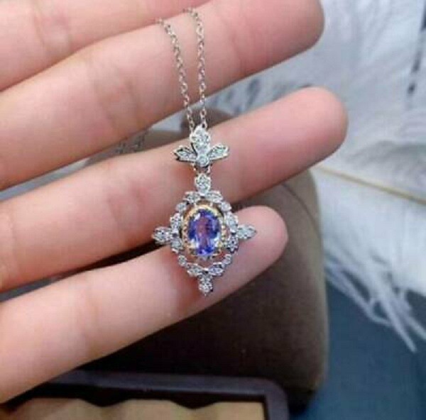 3Ct Oval Cut Tanzanite Diamond Women’s Pendant In 14K White/Yellow Gold Finish