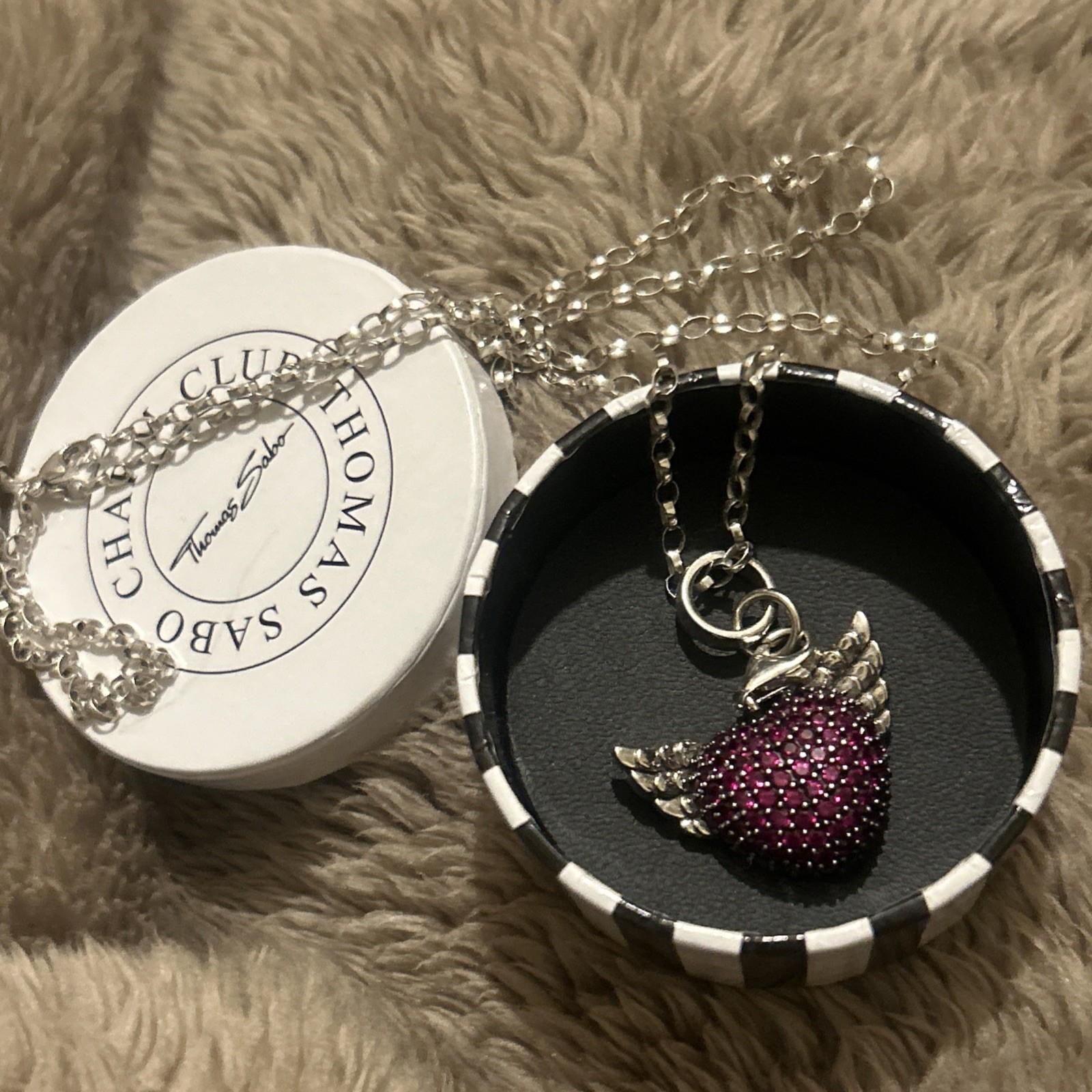 Rare Thomas Sabo 925 Silver 3D Red Stone Set Winged Heart Pendant 70cm TS Chain