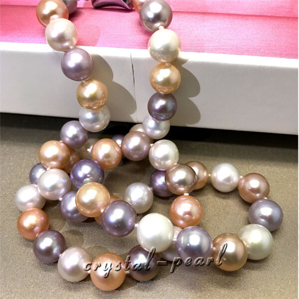 18“ AAA Japanese Akoya 10-9 mm white PINK Purple pearl Necklace Multicolor