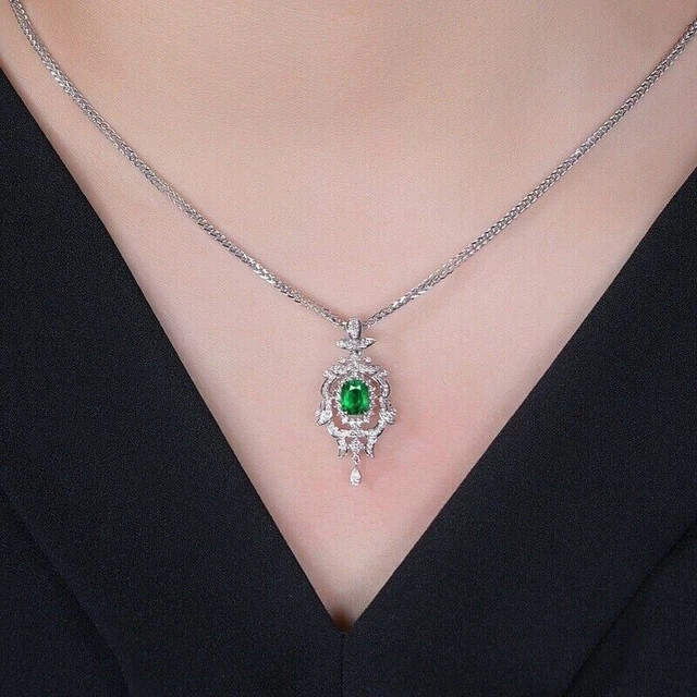 Lab Created Emerald 2.30Ct Oval Cut Elegant Halo Pendant 14K White Gold Plated