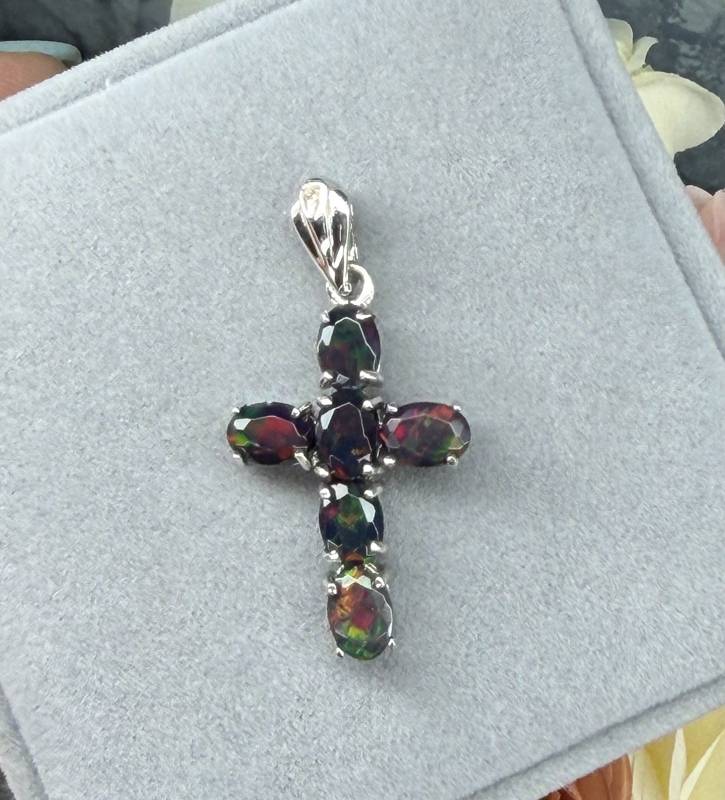 Stunning Natural Rainbow Black Opal Cross 3CT Pendant Necklace 925 Sterling