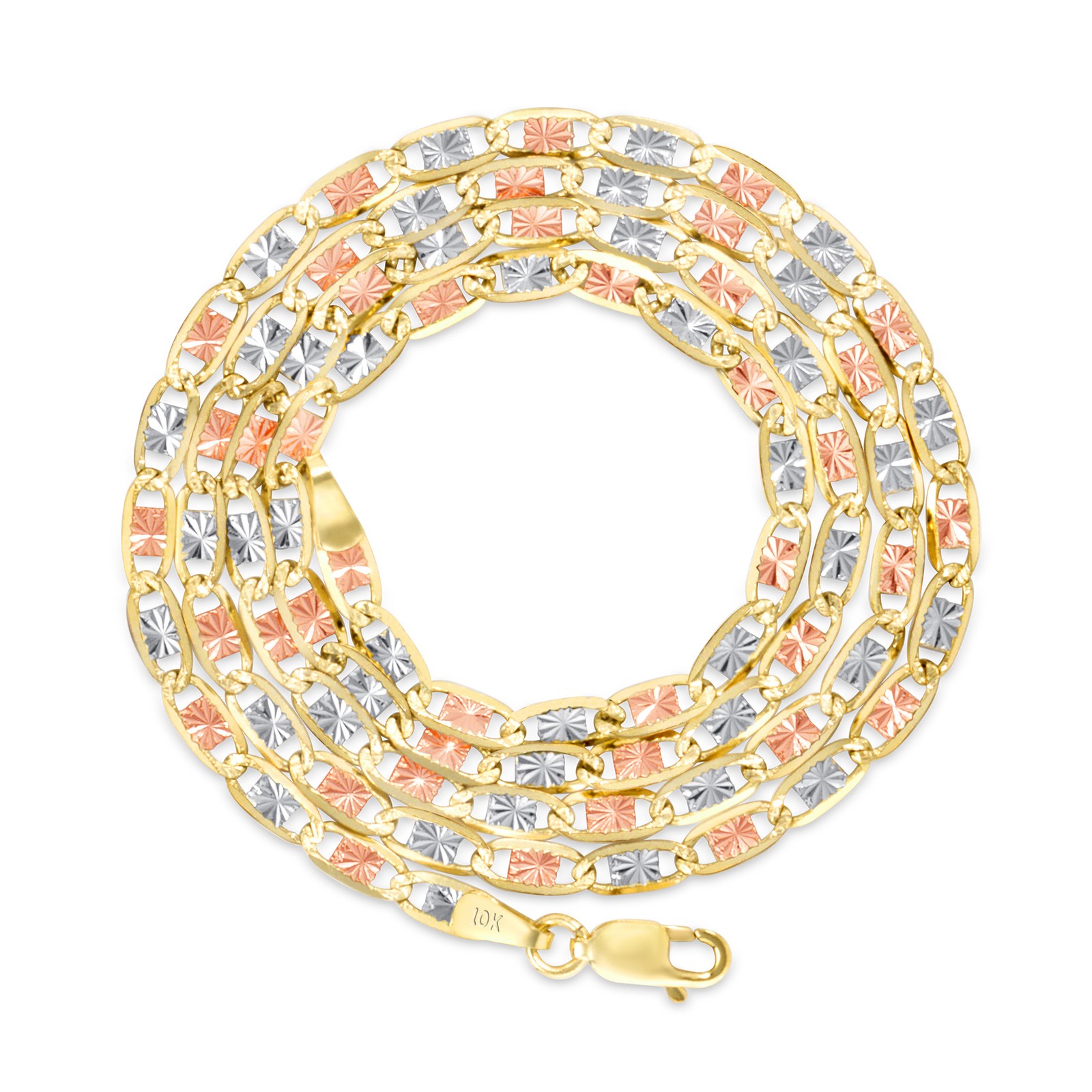 10K Solid Tri-Color Yellow Rose White Gold 3mm Valentino Chain Necklace 16″- 26″