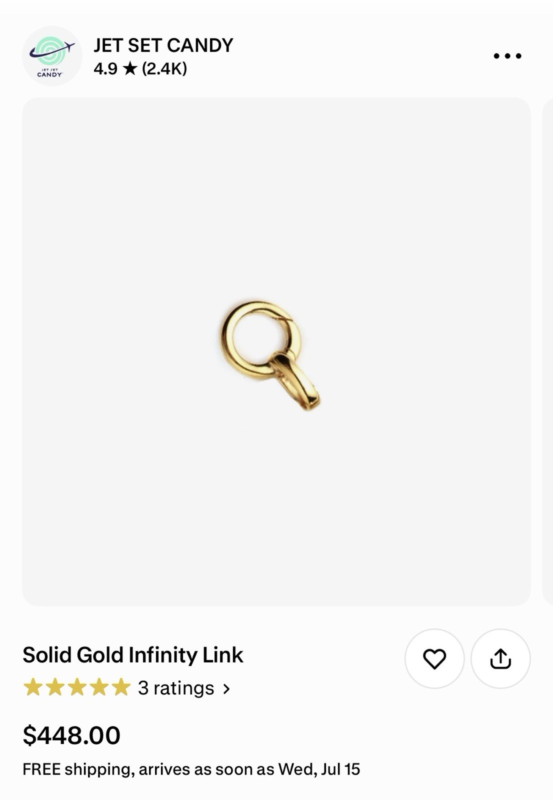 Jet Set Candy Round Infinity Link 14k Solid Gold Pendant Charm Holder Connector