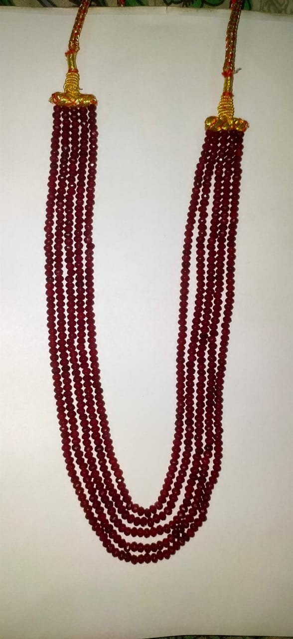 Natural 5 Strand Red Garnet Round Faceted Beads Necklace