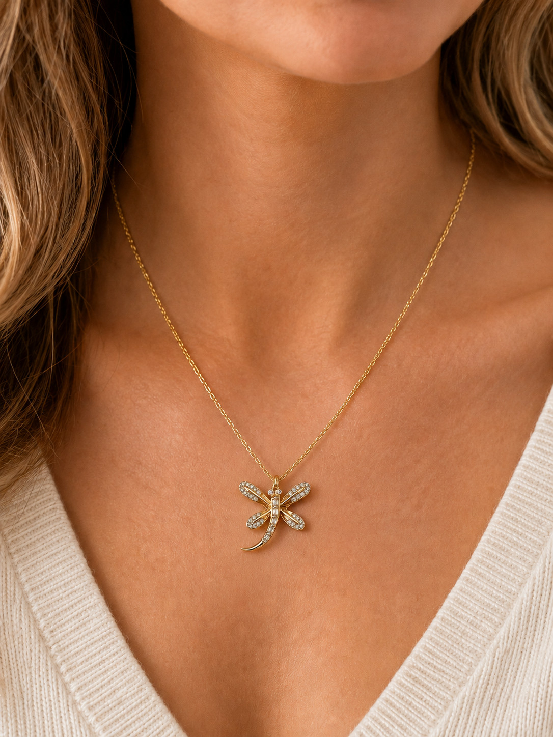 10K YELLOW GOLD DIAMOND 7/10th INCH DRAGONFLY PENDANT NECKLACE 18 INCH