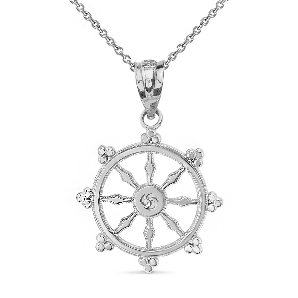 Gold Buddhism Dharmachakra Dharma Wheel Pendant Necklace (Yellow/Rose/White)