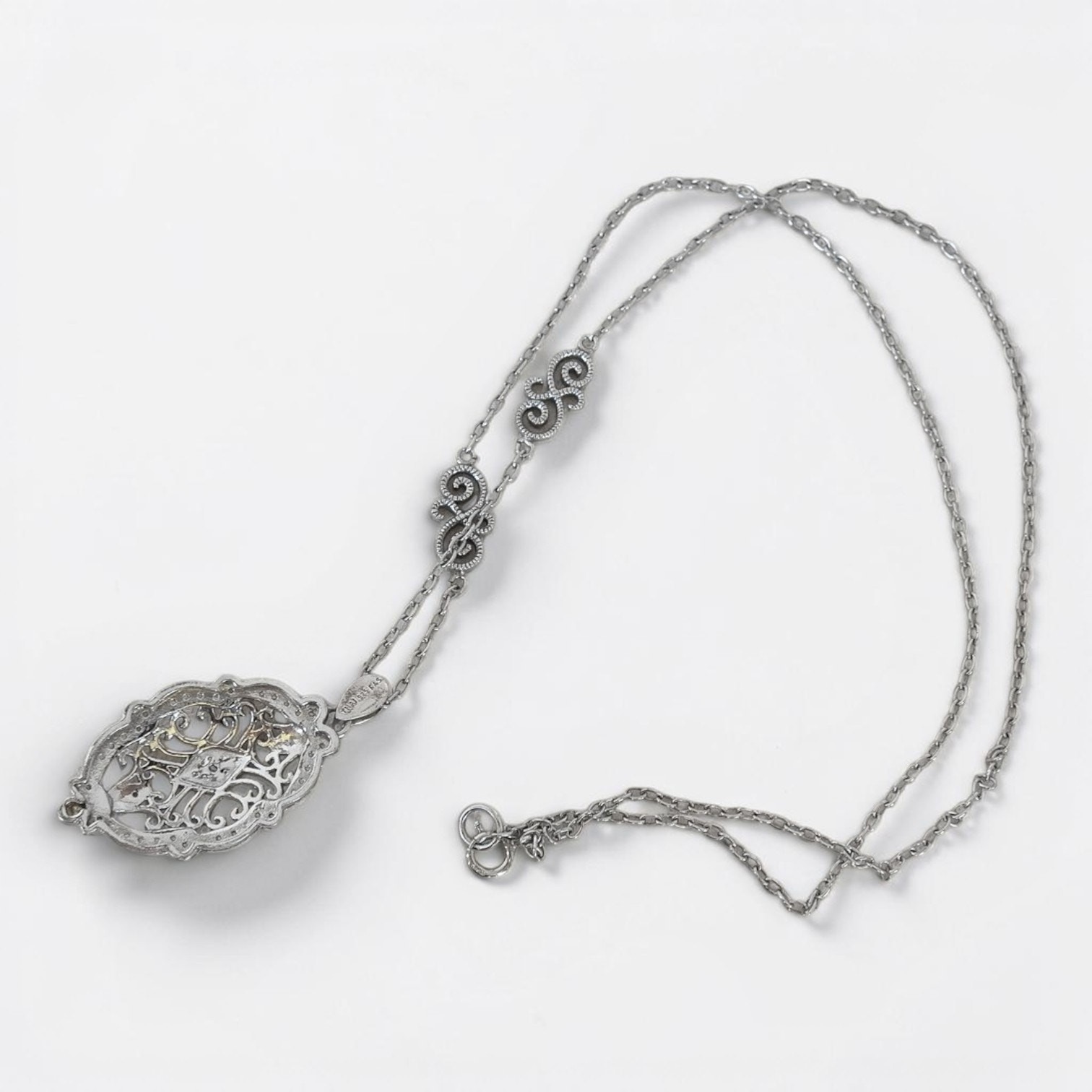 Vintage 925 Sterling Silver Victorian Style Filigree Pendant Necklace Marcasite