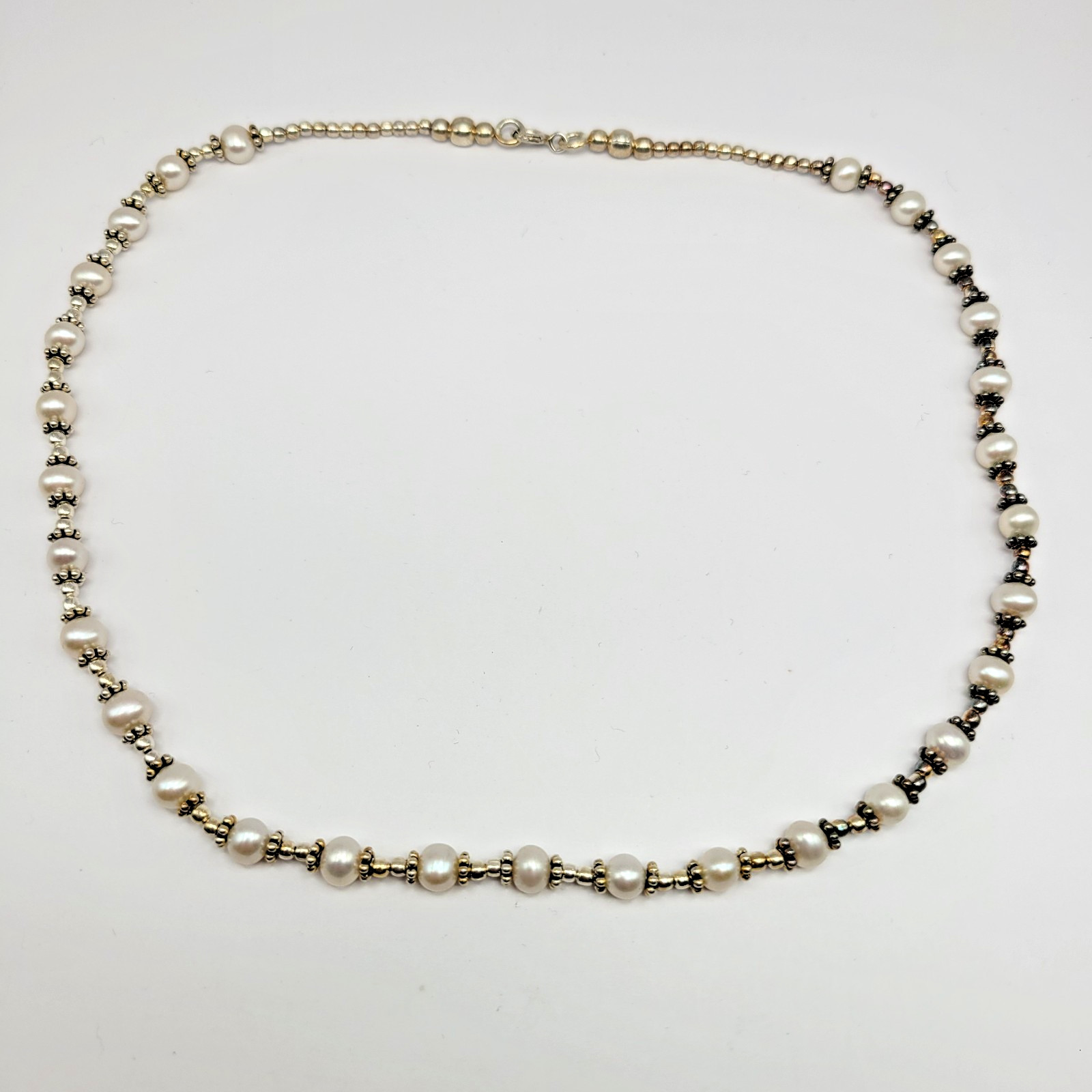 Sterling Silver 5mm Cultured Freshwater Pearl Bali Bead Station Necklace ~ 16″