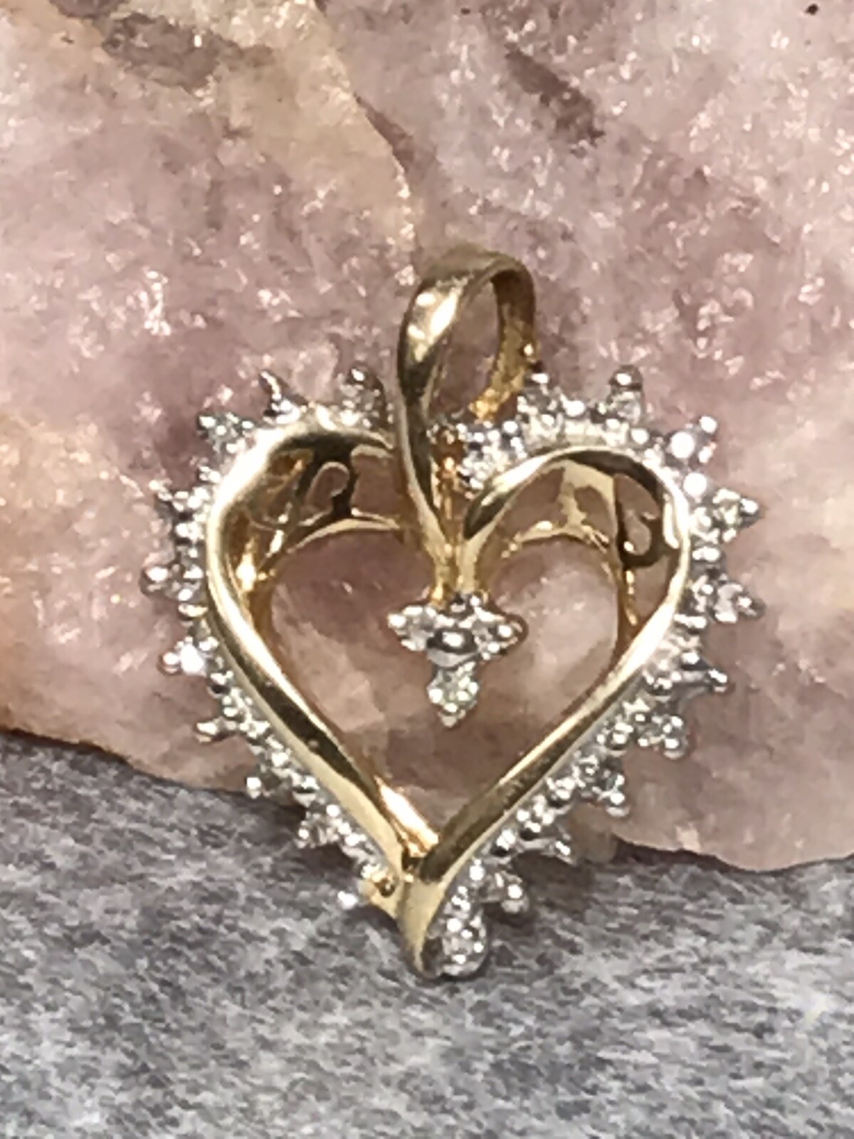 10K Two Tone Gold. Genuine Diamond Heart Pendant & 19” Dainty Delicate ThinChain