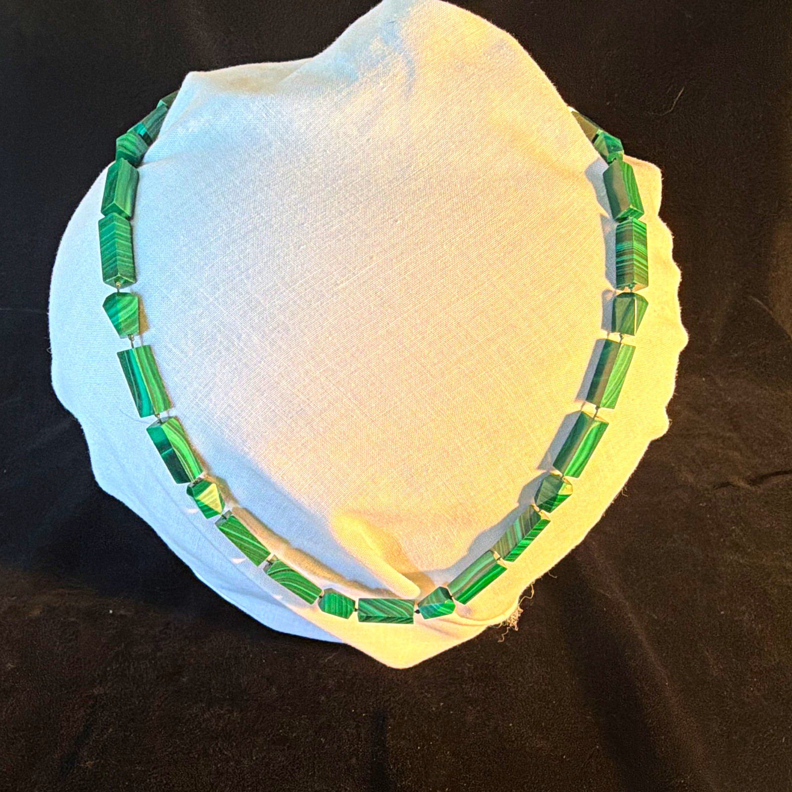 Green Malachite Beaded Necklace 22” Rectangular Stone Beads Silver Hook Clasp