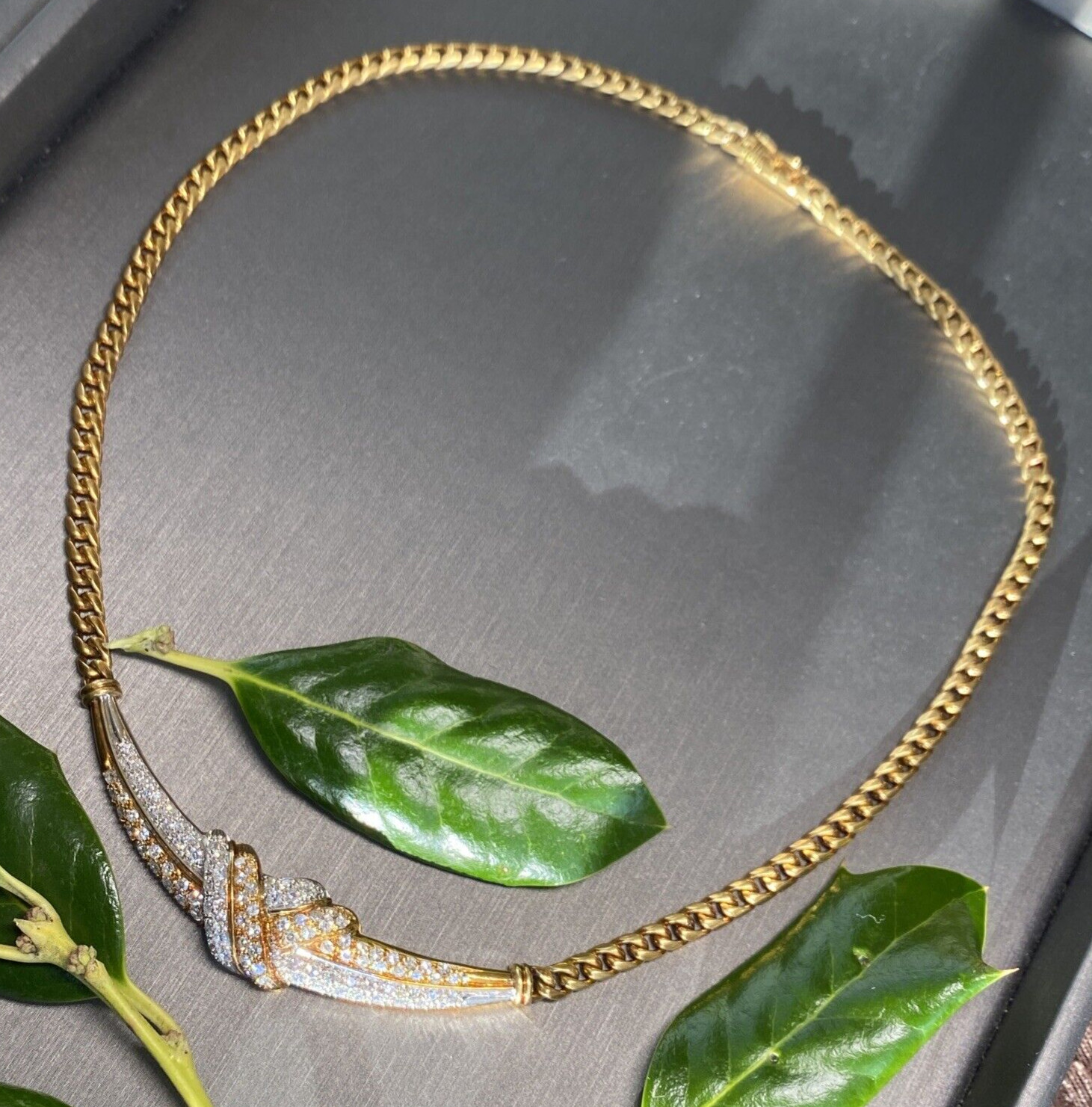 18K Yellow White Gold Diamond Love Knot X Crescent Vintage Cuban Chain Necklace