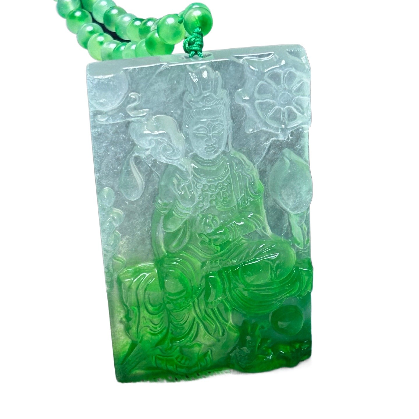 Certified Natural Ice Green Burmese Jadeite Carved Buddha Pendant Necklace