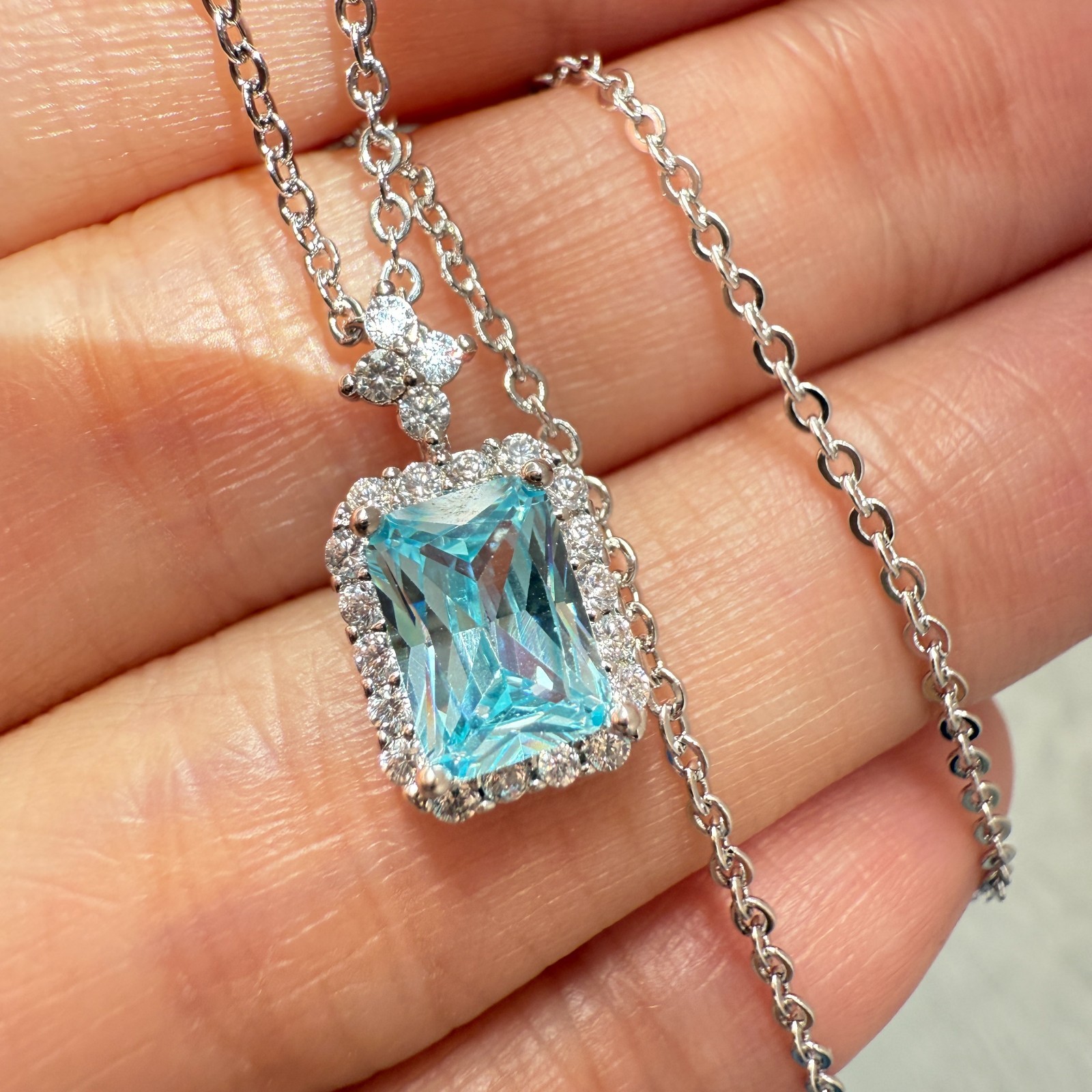 925 Sterling Silver Necklace 7x5mm Natural Aquamarine Birthstone Flower Chain