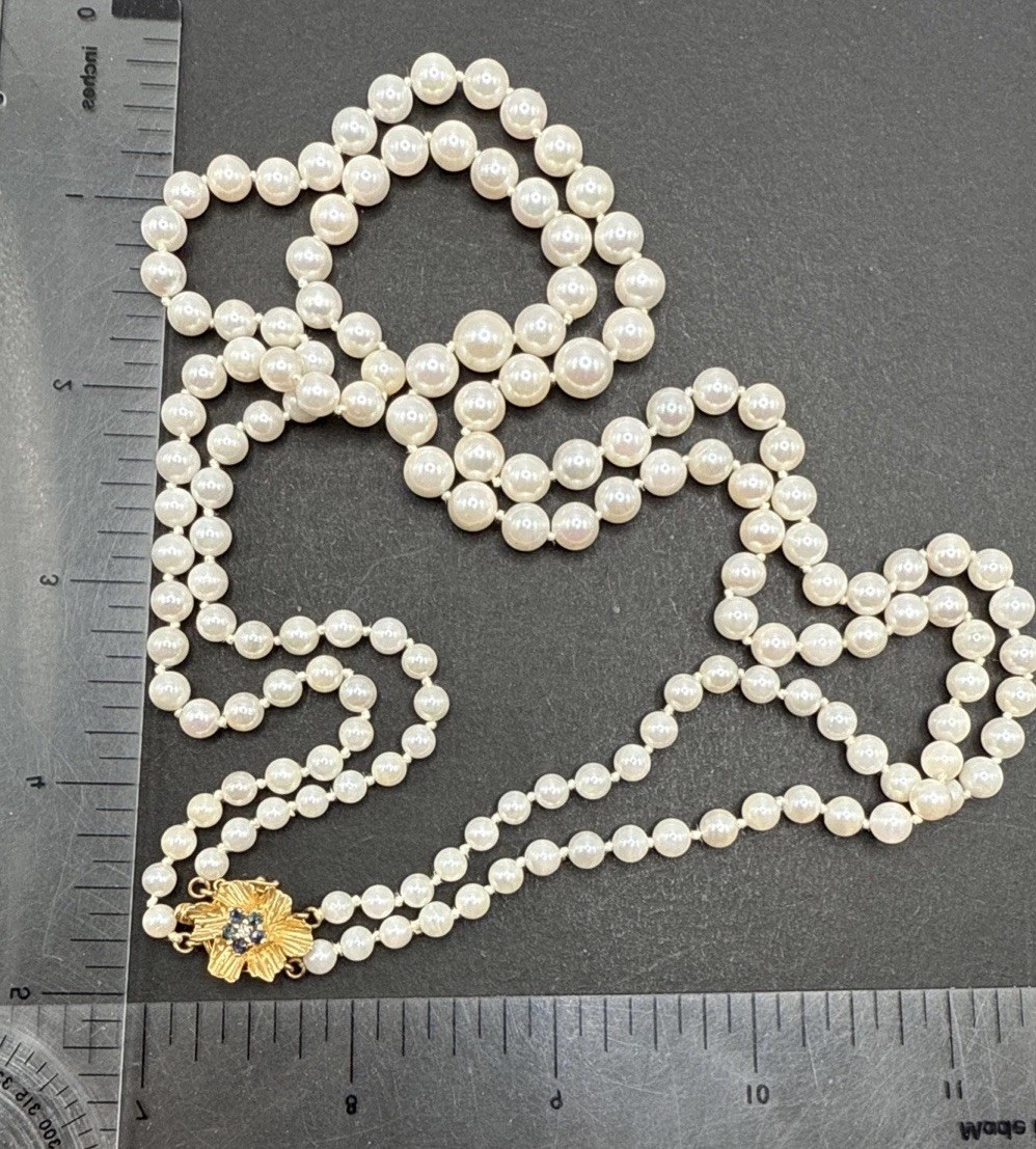 Double-strand cultured pearl necklace, clasp in 14K gold, Seaborne, Usa 20” J64