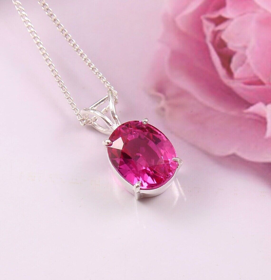 2Ct Oval Lab-Created Pink Ruby Solitaire Pendant Necklace 14K White Gold Plated