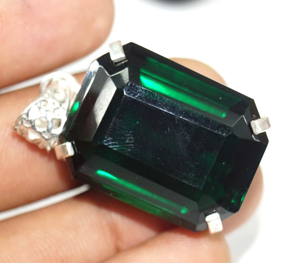 120 Ct Natural Green Topaz Emerald Cut Pendant 925 Sterling Silver Certified