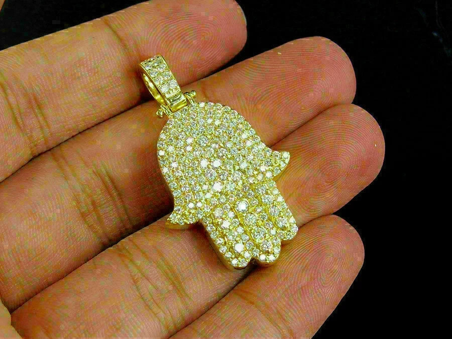 14K Yellow Gold Finish 2CT Round Cut DVVS1 Diamond Hamsa Hand Pendant Charm
