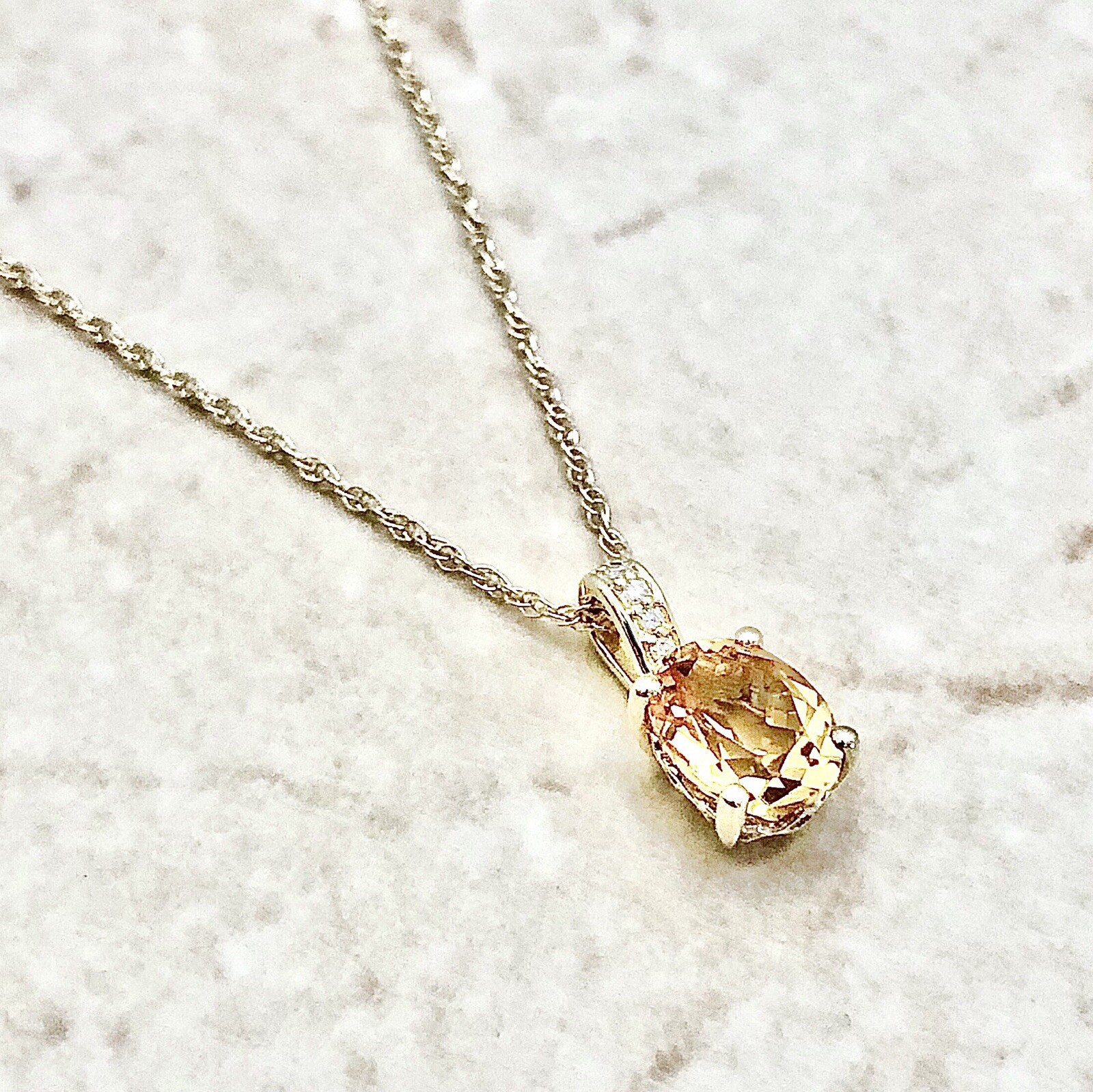 14K Diamond & Citrine Pendant Necklace – Solid 14K Yellow Gold Citrine Necklace