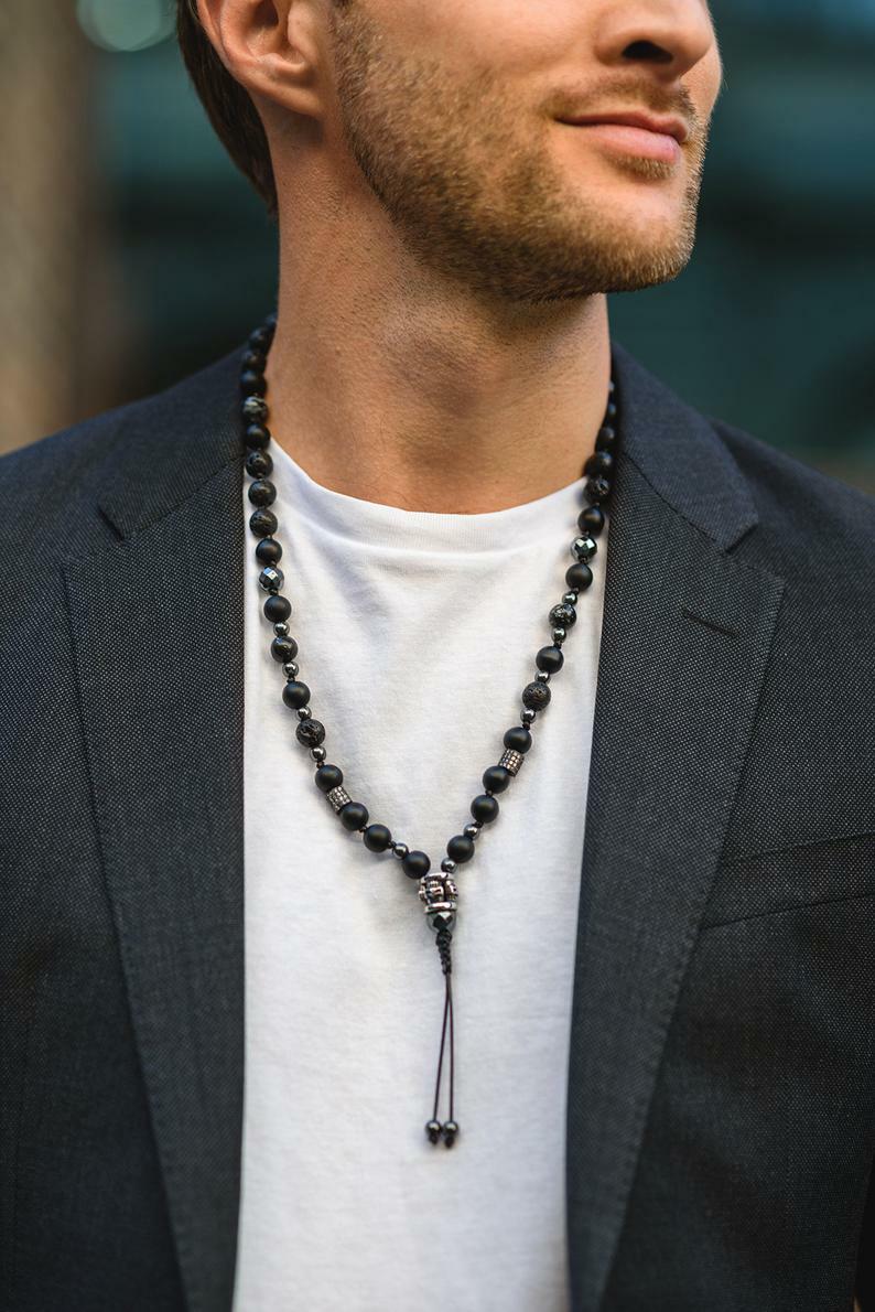 Mens Skull Necklace Cubic Zirconia Obsidian Lava Onyx Hematite Necklace – 70cm