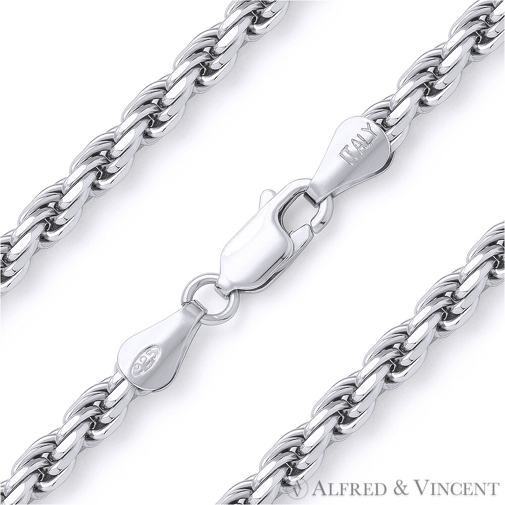 .925 Italy Sterling Silver w/ Rhodium 3mm Twist-Rope Link Italian Chain Bracelet