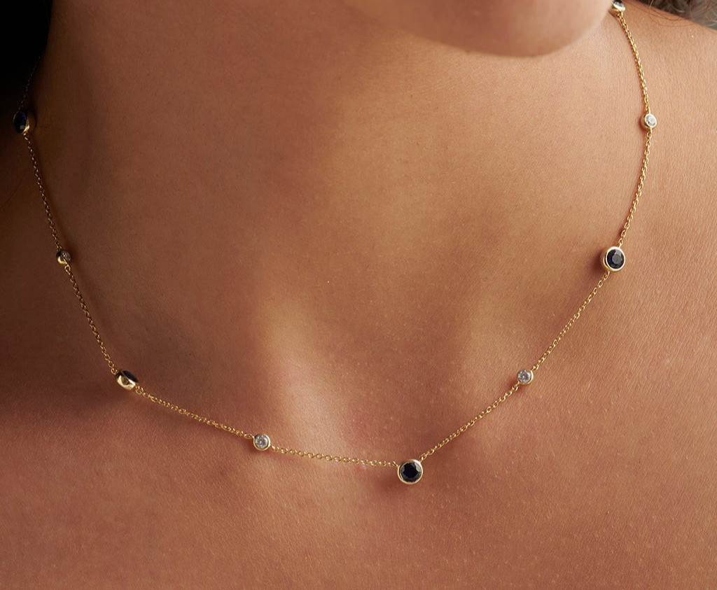 Birthday Gift Station Necklace Round Bezel Set Round Natural Sapphire 14k Gold