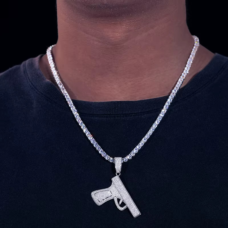 Iced Out Pistol Moissanite Pendant VVS 925 Sterling Silver Hip Hop Jewelry Men