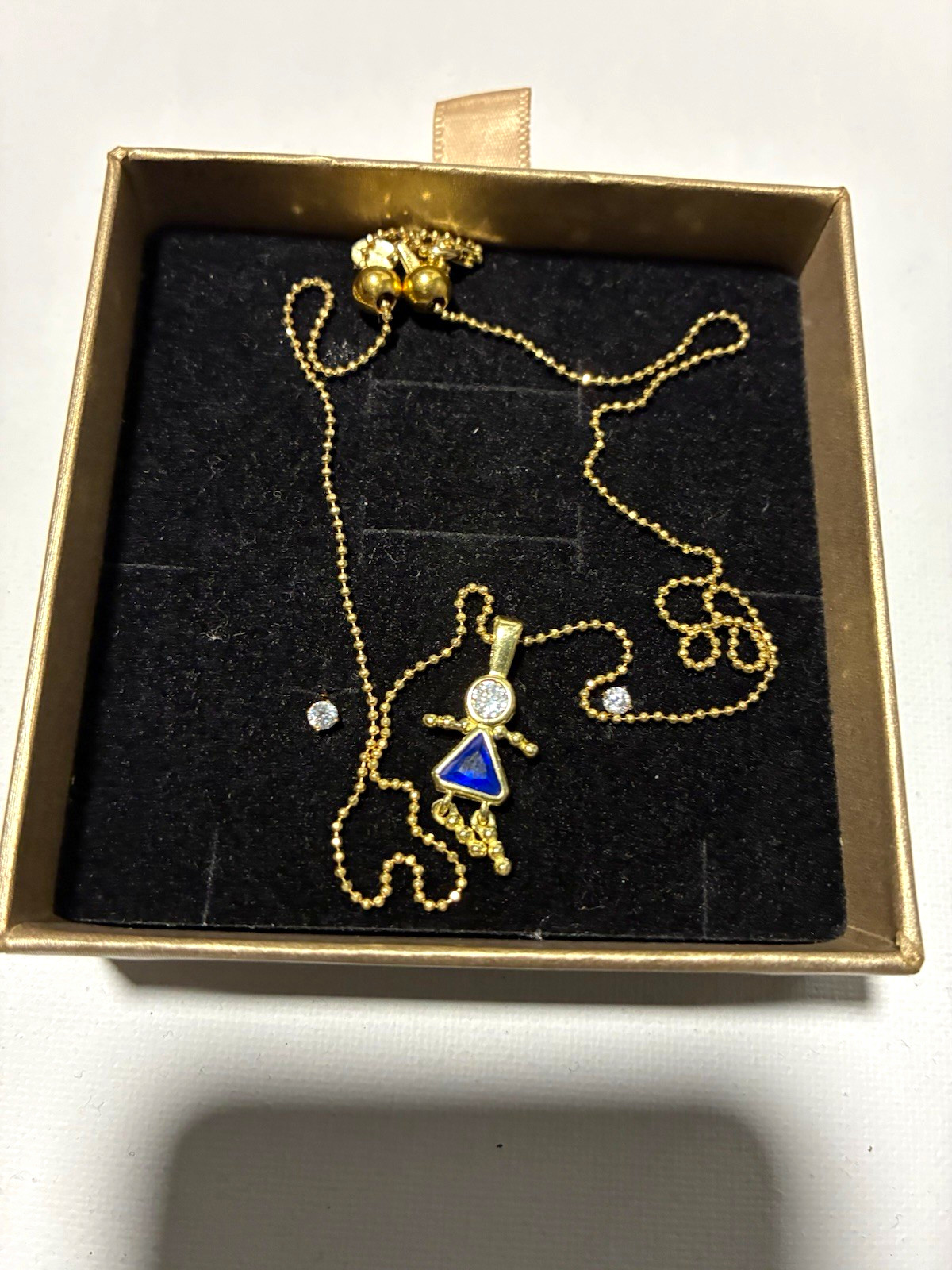 925 Sterling Silver Ball Chain Girl Charm Necklace Blue Triangle Sapphire