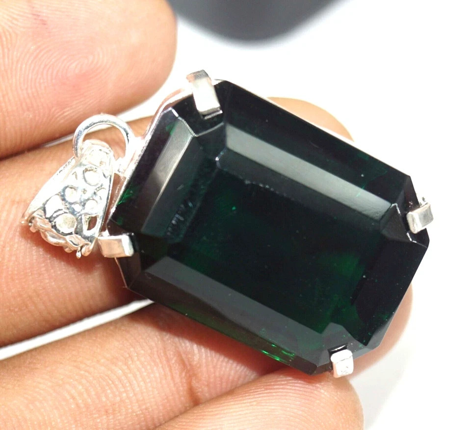 120 Ct Natural Green Topaz Emerald Cut Pendant 925 Sterling Silver Certified