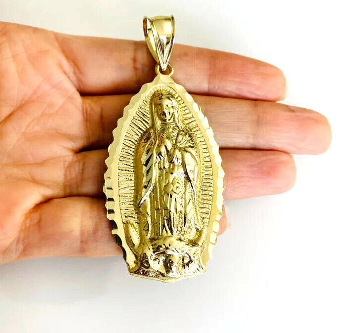 10K Solid Gold Virgin Mary Pendant- 2.6″ 10K Solid Gold Virgin of Guadalupe -G85