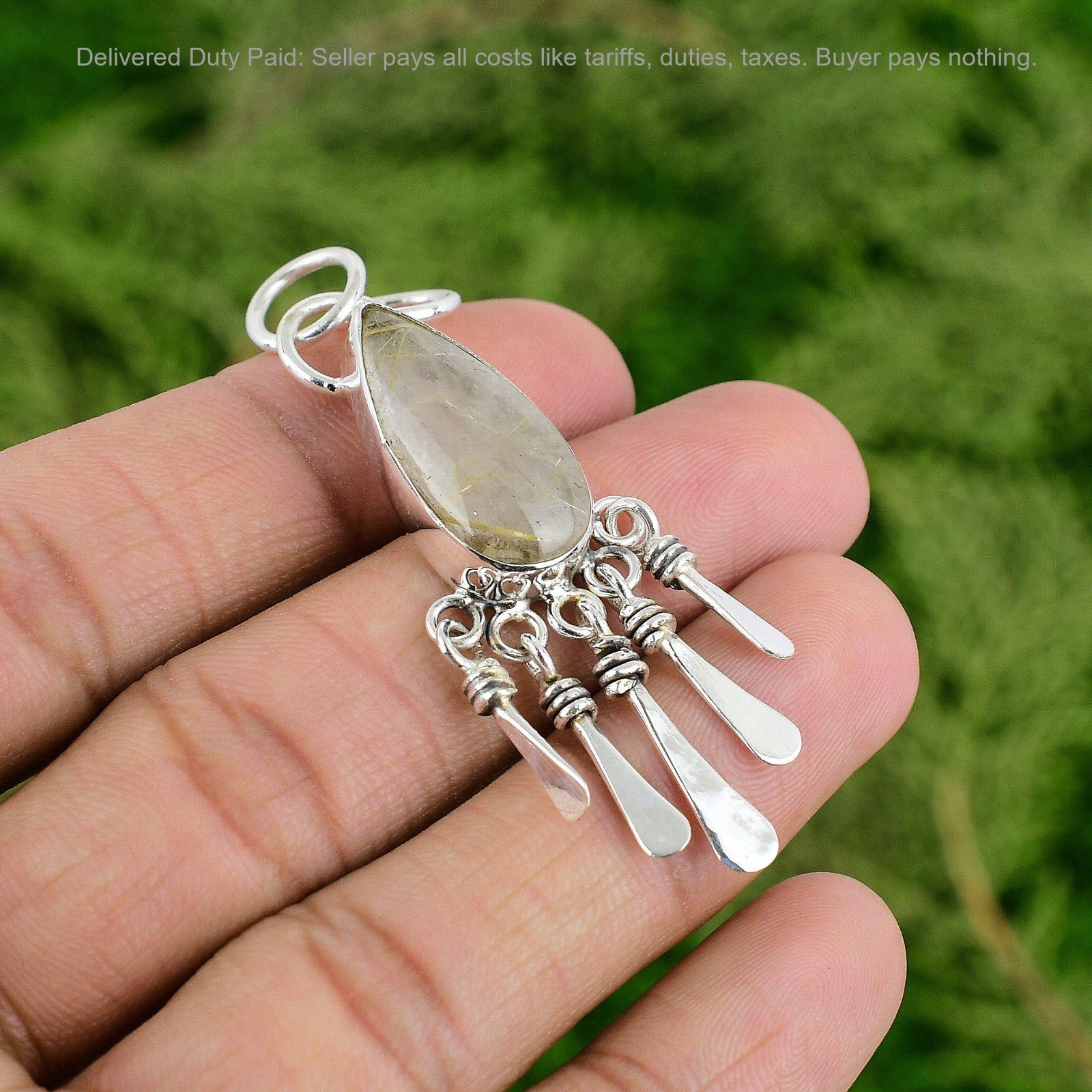Thanks Giving Day Sale Golden Rutile Stone Handmade Pendant Jewelry 925 Silver