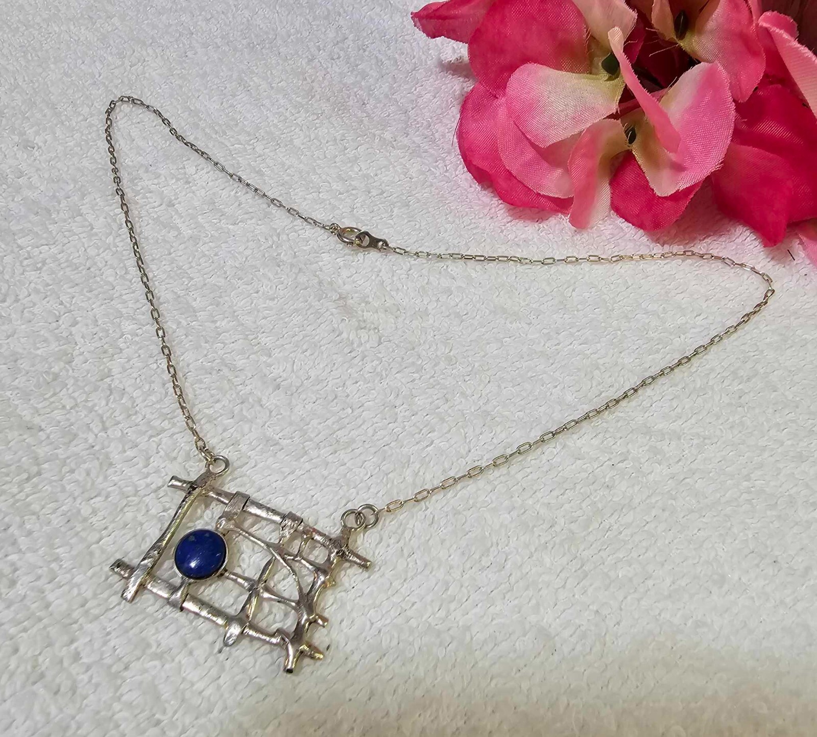 900 silver necklace w/ rectangular abstract pendant w lazuli lapis 16in”- B40
