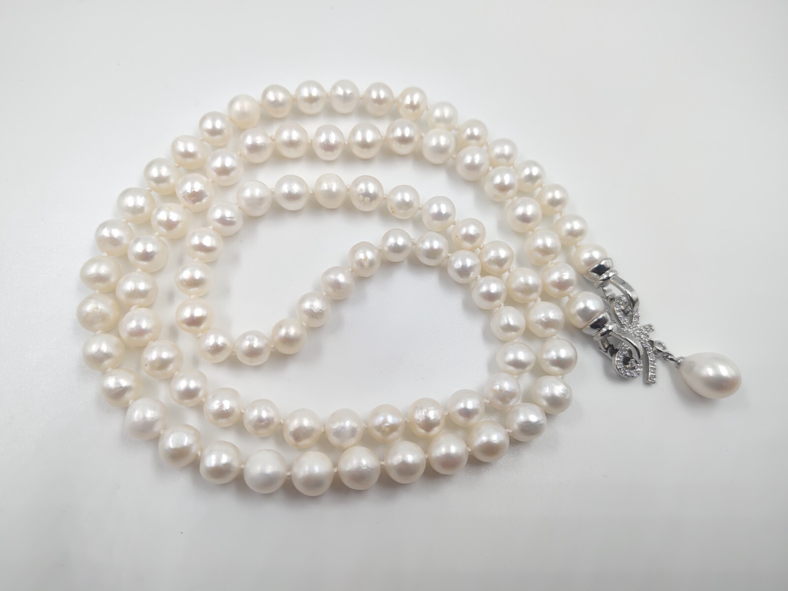 Genuine 30″ Super Luster White Natural Seawater 9mm Pearl Necklace 950 Platinum