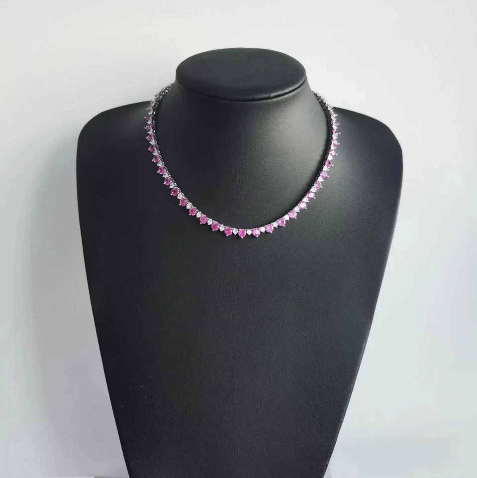 18TCW Round Lab Created Sapphire & Diamond Tennis Necklace 925 Sterling Silver