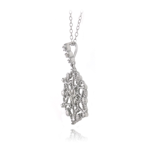 925 Silver 1/10ct Diamond Flower Filigree Dangle Necklace, 18″