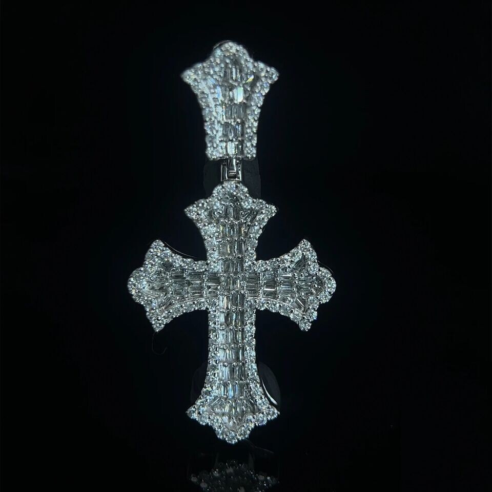 2Ct Natural Round Moissanite Men’s Baguette Cross Pendant 14k White Gold Plated