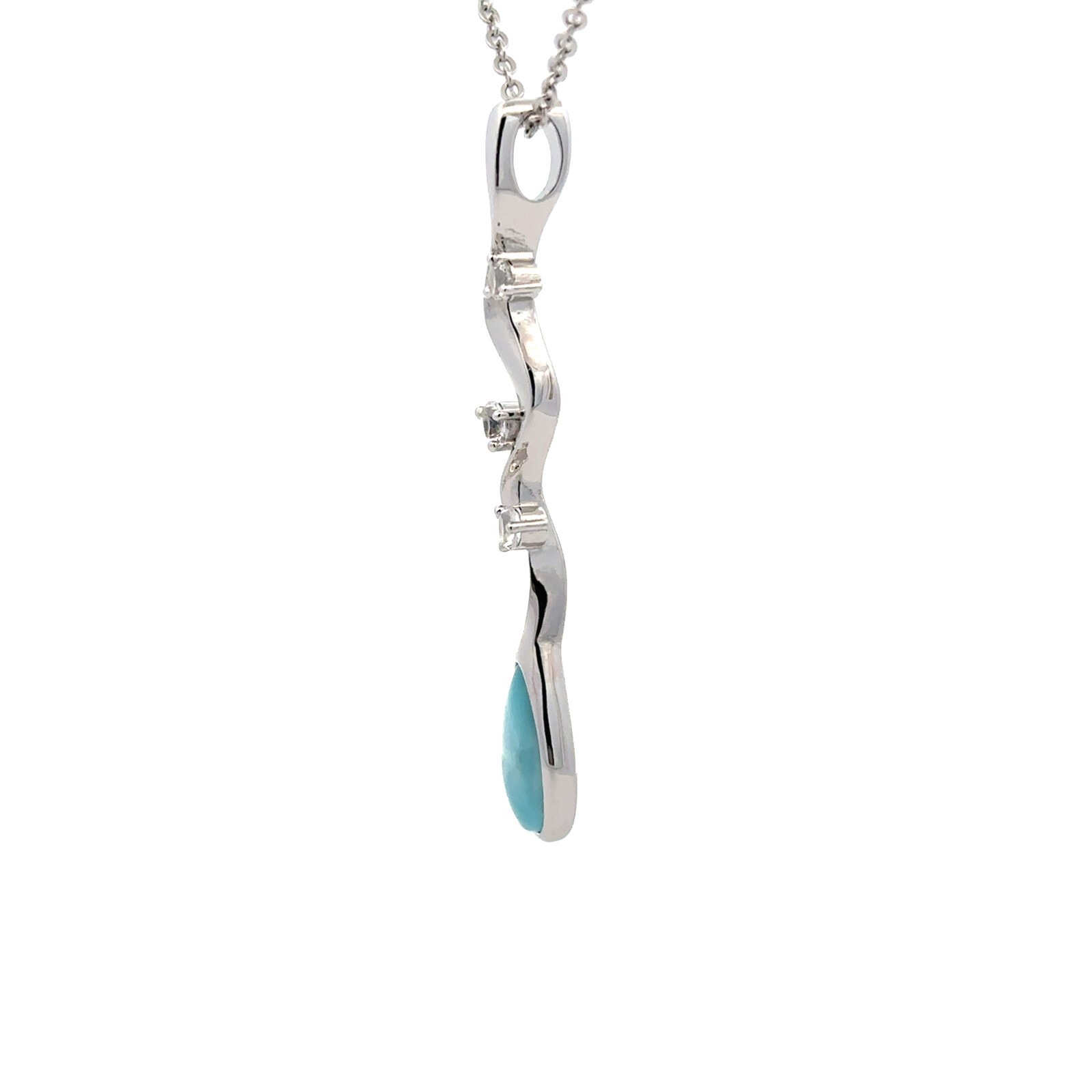 Sterling Silver Larimar And CZ Necklace (3/8 x 2 Inch)–Chain 18+1 Inch