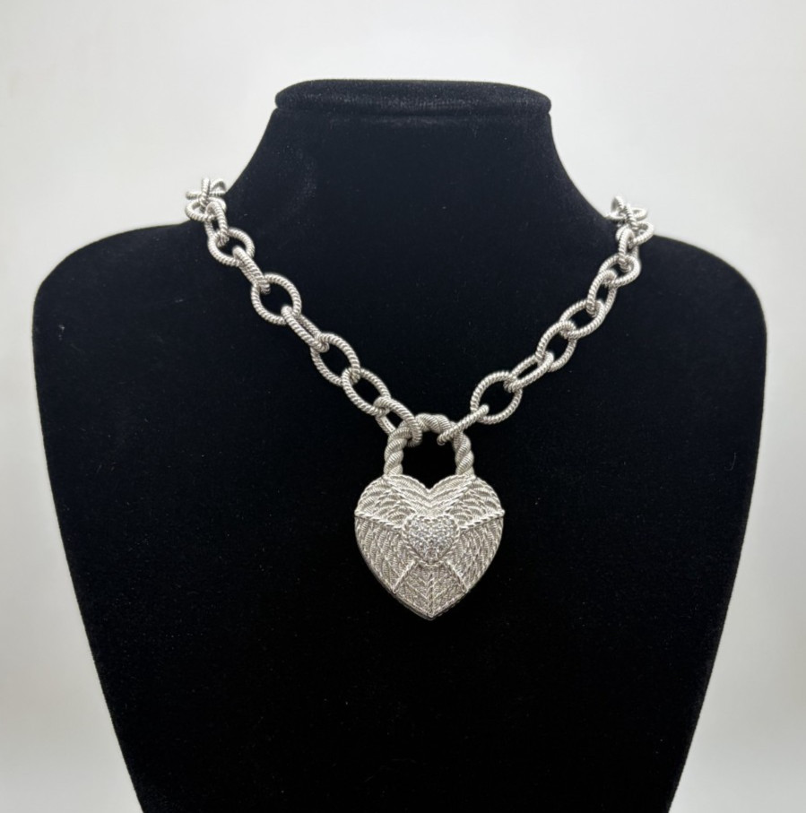Judith Ripka Sterling Silver Heart Pendant Necklace 22″ 925 Thailand 51.62g