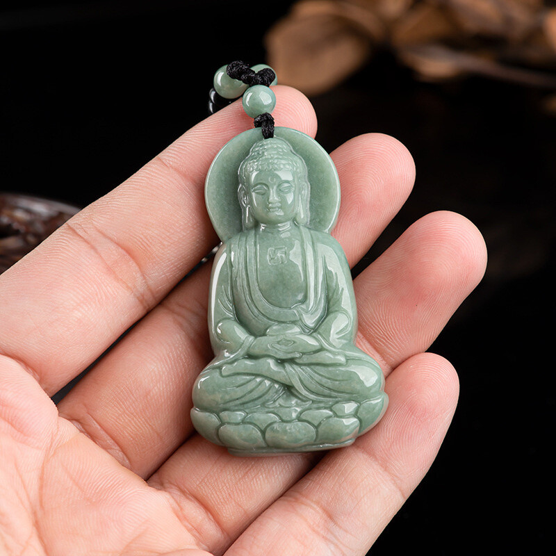 Natural Jade Green Buddha Amitabha Buddha Statue Necklace Pendant Male Female