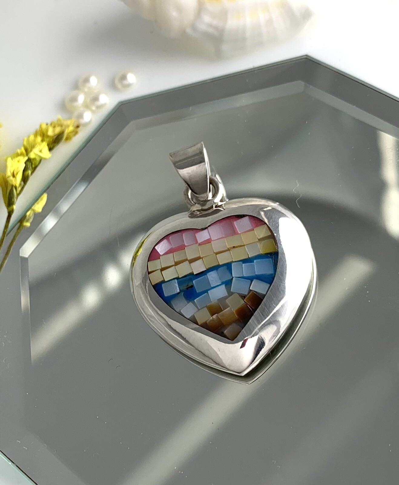 Pendant 925 Sterling Silver HQ Thai ATI Multicolor Mother of Pearl Mosaic Inlay