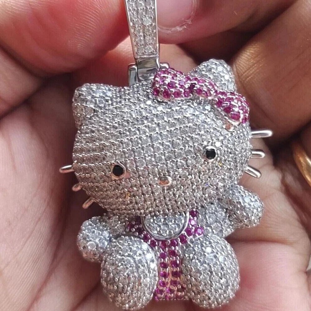 2.70Ct Round D/VVS1 Moissanite Hello Kitty Cartoon Pendant 14K White Gold Plated