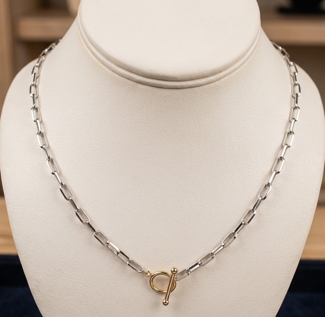 Paper Clip Oval Chain Toggle Necklace Silver 14K Two-tone Gold Plated Silver