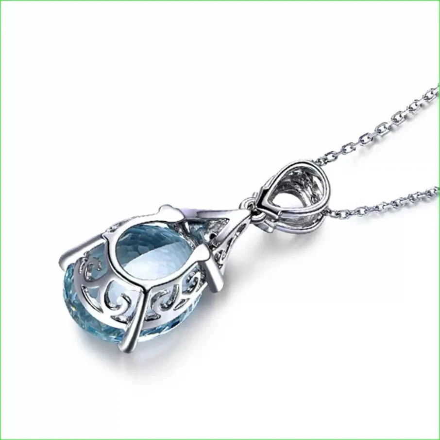 Oval Aquamarine Teardrop Solitaire Pendant with White Gold Finish Free Chain