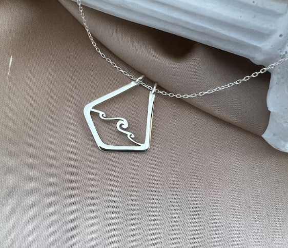 Rose Gold Ocean Wave Pendant Necklace Geometric Open Frame Beach Jewelry for Her