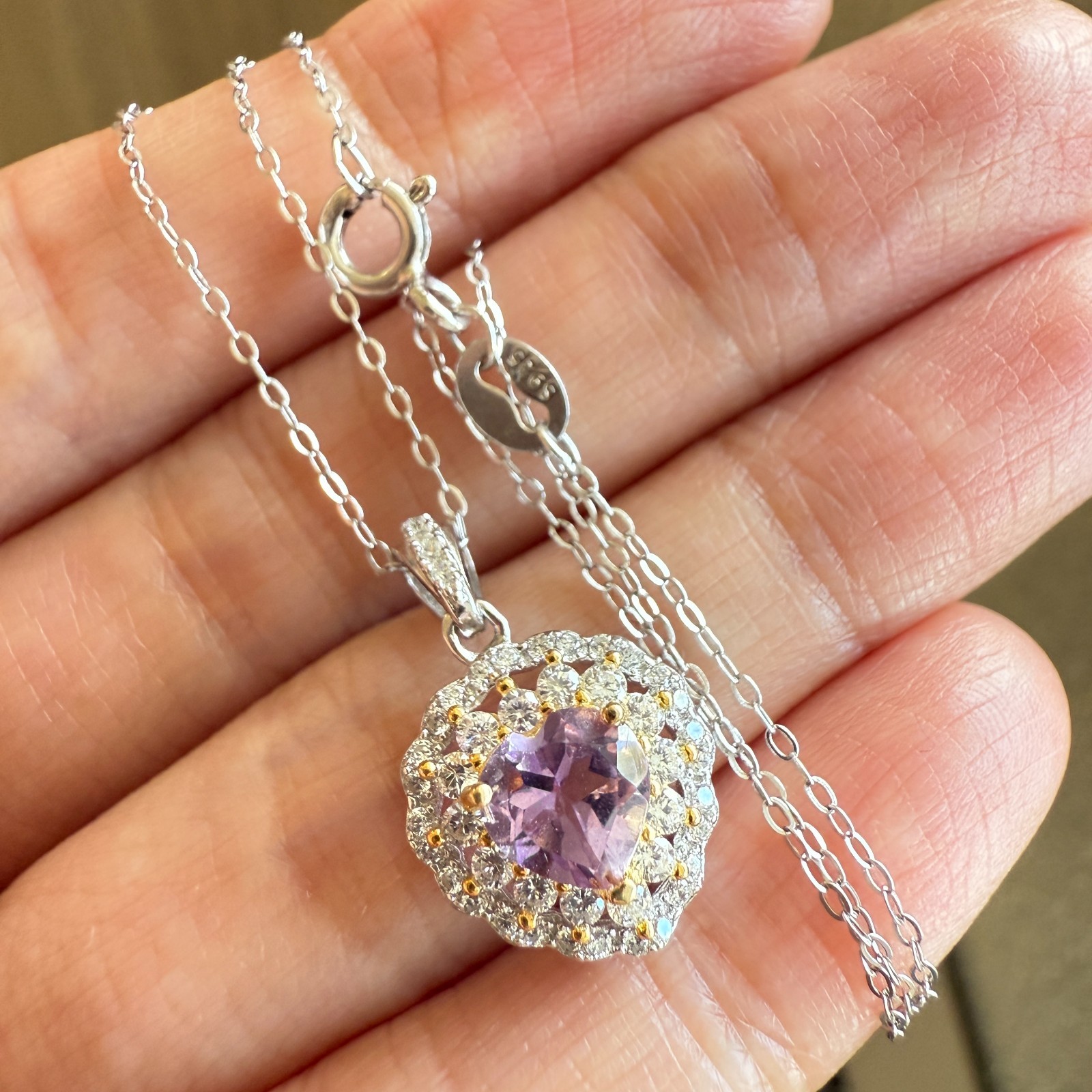 925 Sterling Silver Necklace 5mm Heart Natural Amethyst Gemstone Zircon Chain