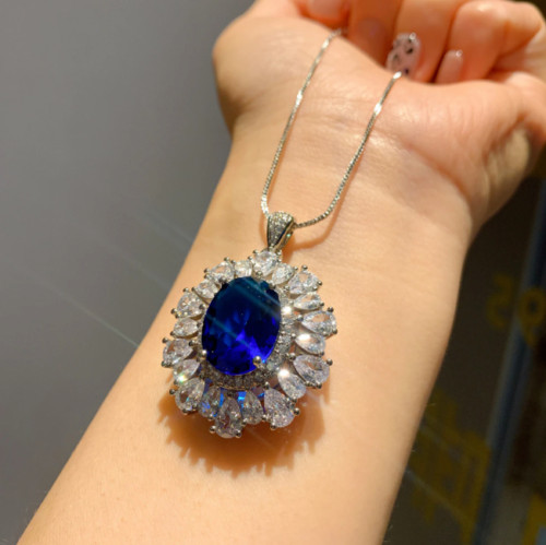 2.00Ct Lab Created Diamond Oval Blue Sapphire Halo Pendant 14K White Gold Finish