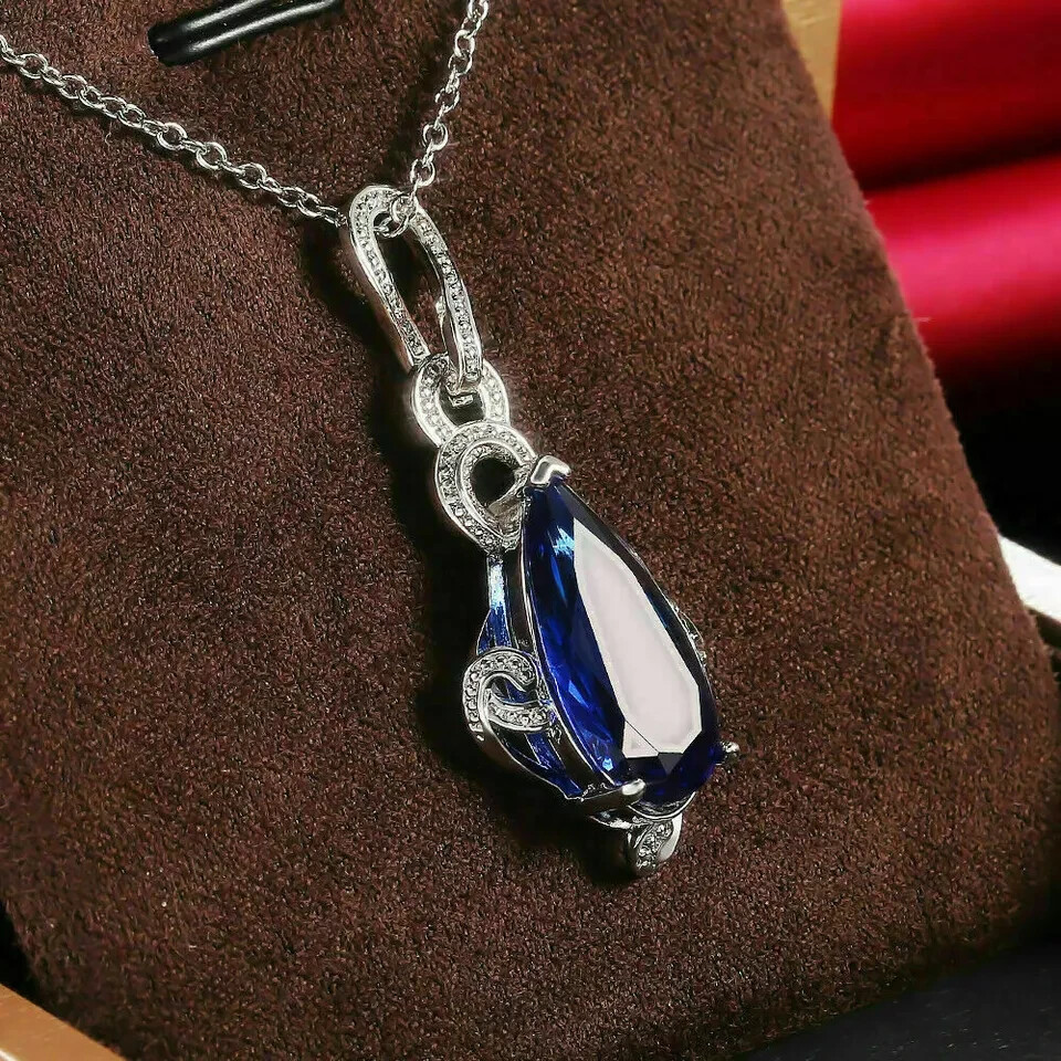 3Ct Pear Cut Blue Sapphire Diamond Teardrop Pendant 14K White Gold FN Free Chain