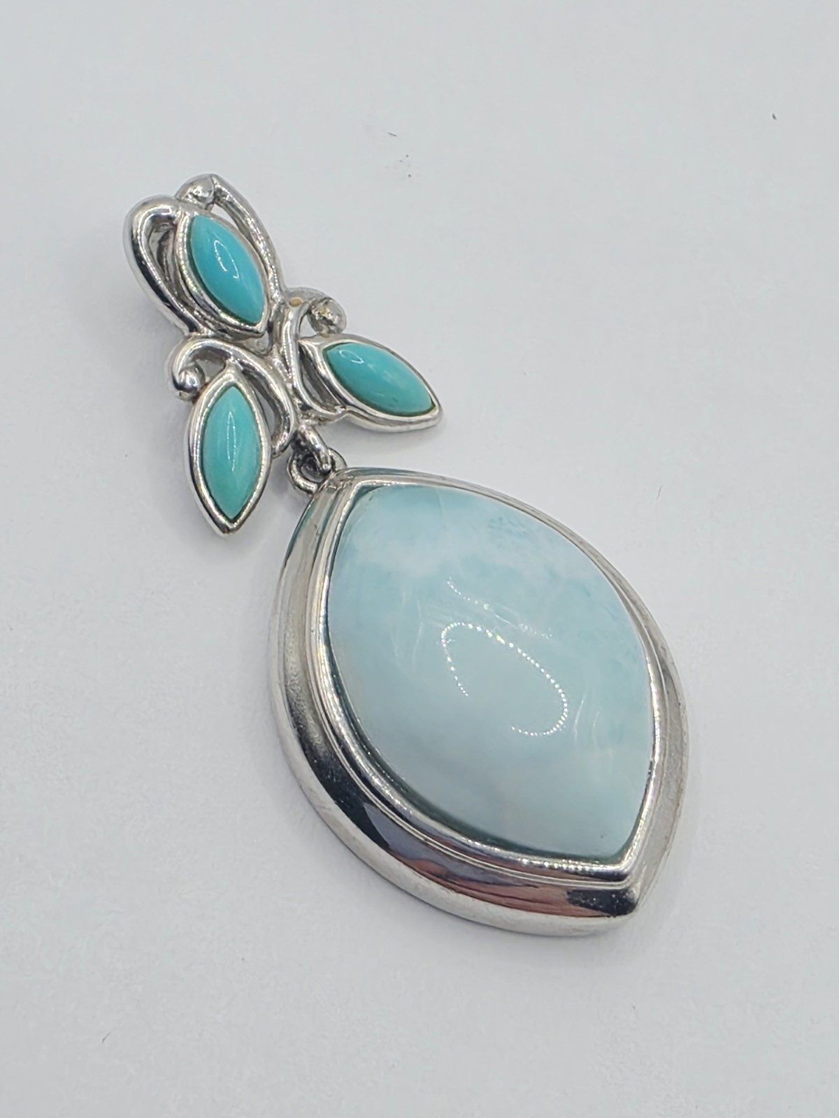 BBJ 925 Sterling Silver Larimar Pendant Thailand Blue Gemstone 9.2g Floral Leaf