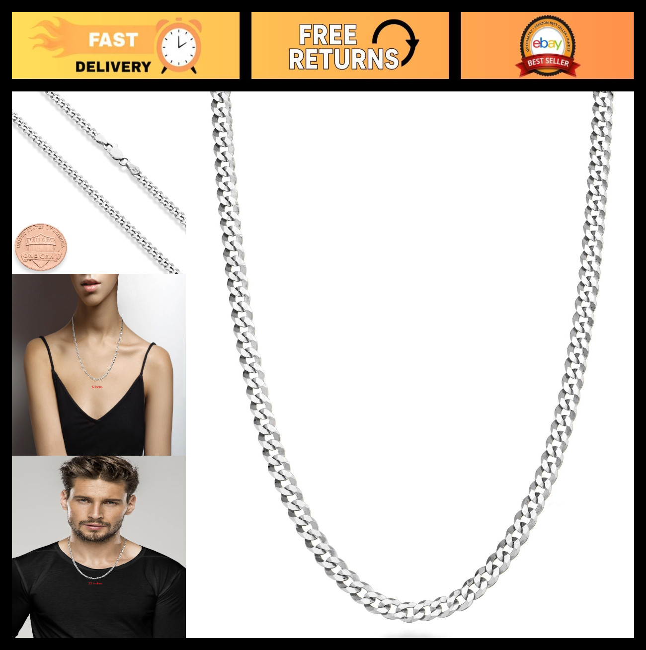 925 Sterling Silver Diamond Cut Cuban Link Curb Chain Necklace for Men & Women