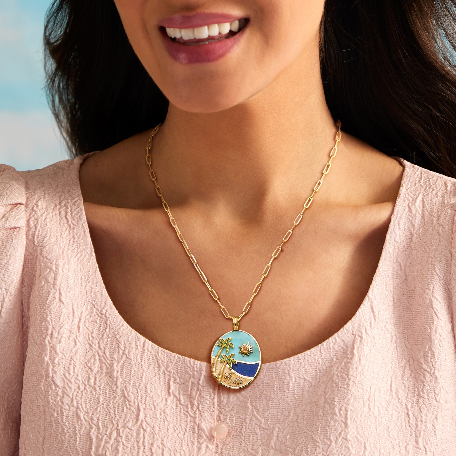 Multi-Gmstn Beach Pndnt Paper Clip Link Ncklc in 18k Gold Plate 20 inches