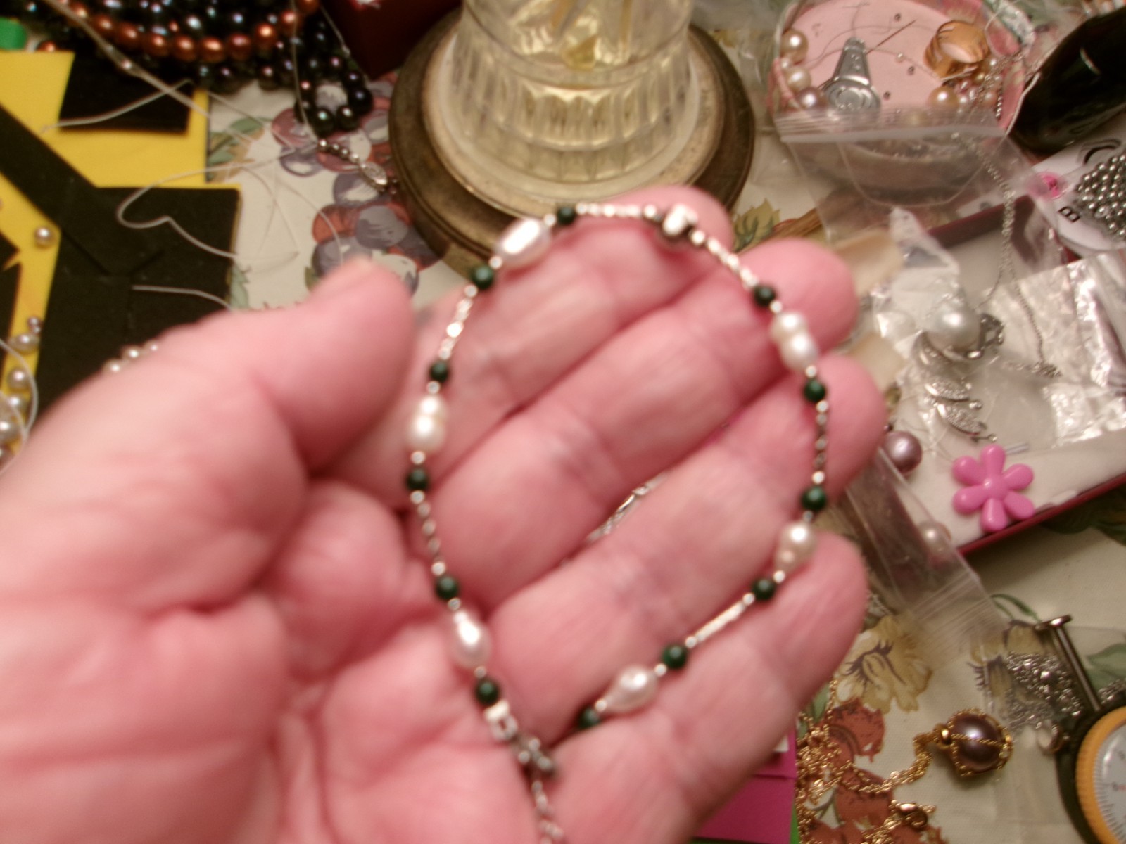 PEARL BRACELET DARK GREEN BEADS WITH REAL PEARLS